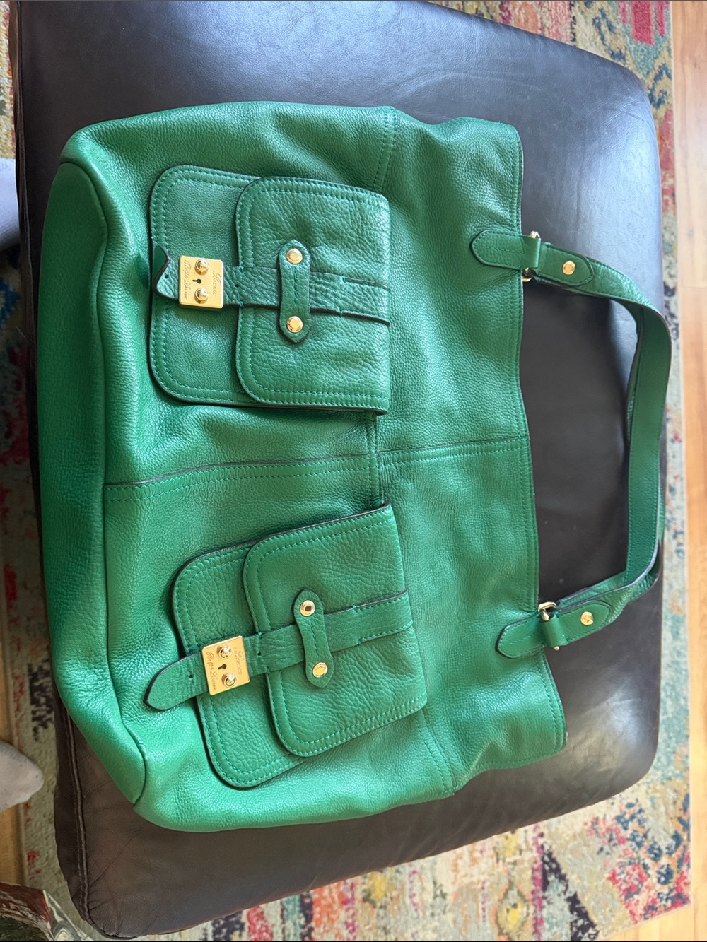 Ralph Lauren Green Leather Shoulder Tote Bag with Front Pockets- quality leather